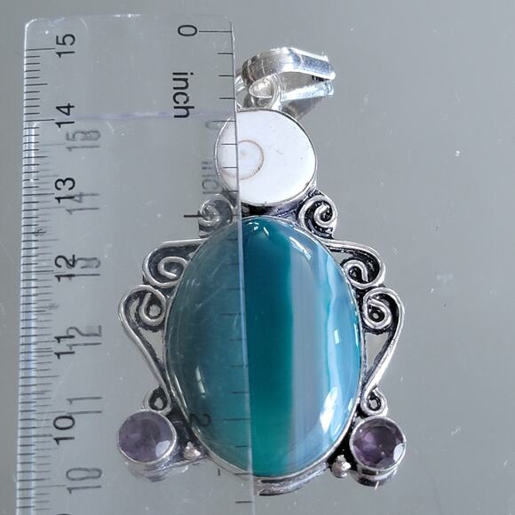 Blue Banded Agate, Shiva Eye Shell & Amethyst Pendant, Sterling Silver Necklace - Picture 5 of 10
